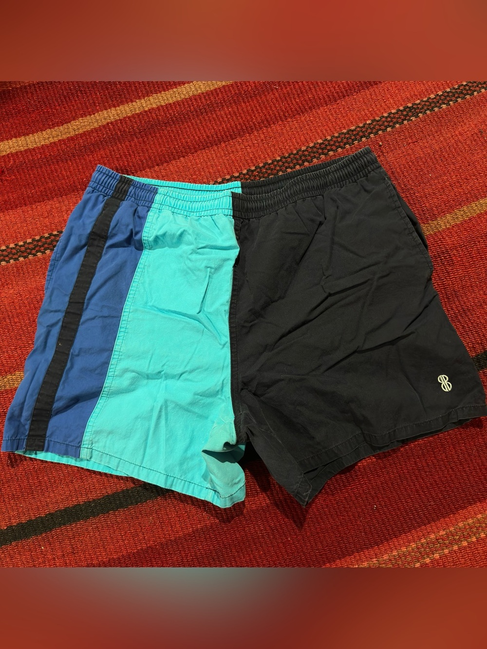 Vintage Bill Blass Colorblock Swim Trunks Black Blue Teal Mens M Mesh Lined